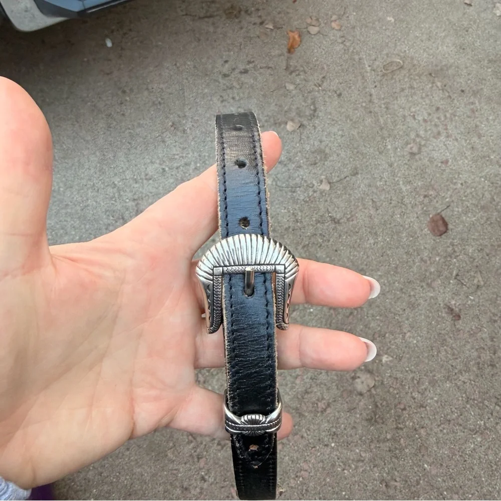 Vintage Black Leather Belt with Silver Buckle Size 32